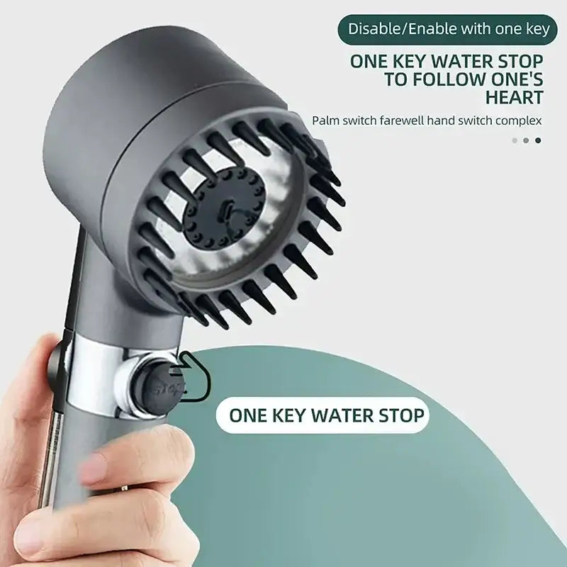 Modern matte black and chrome handheld shower head with gray circular spray face and black nozzles for modes high pressure shower experience