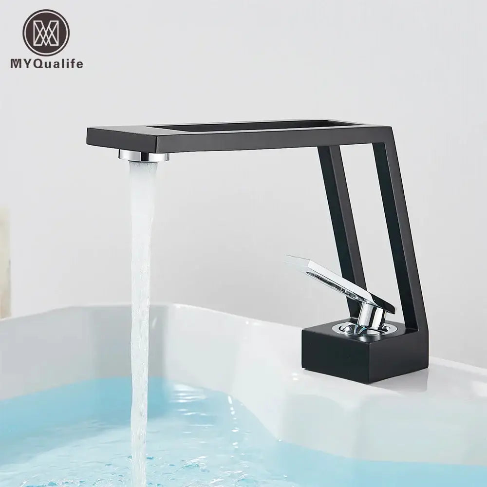 Modern matte black and chrome waterfall basin sink faucet with brass basin sink accents for stylish bathroom decorbites brass basin