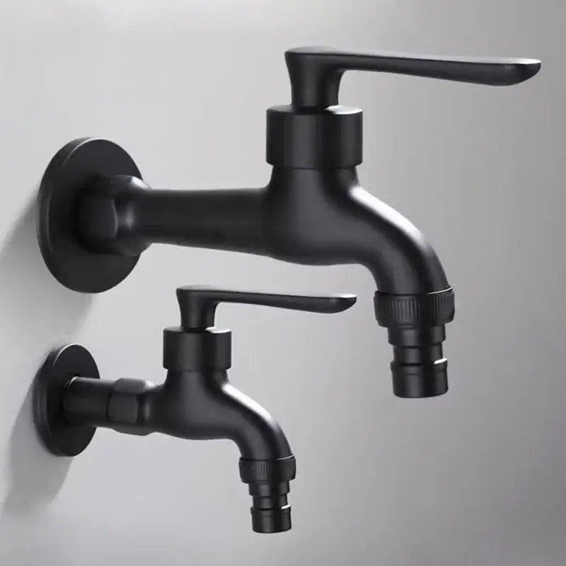Modern matte black copper bathroom wall mounted tap with sleek design and threaded hose connectors visible from the back side