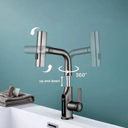Modern matte black basin faucet with sleek angular design and decorbites digital display waterfall feature for bathroom use