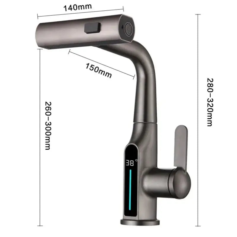 Modern matte black basin faucet with decorbites digital display and adjustable spray head for bathroom use
