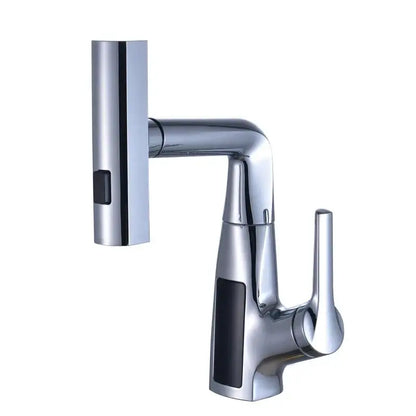 Modern chrome-finished basin faucet with sleek angular design and black decorbites digital display waterfall controls