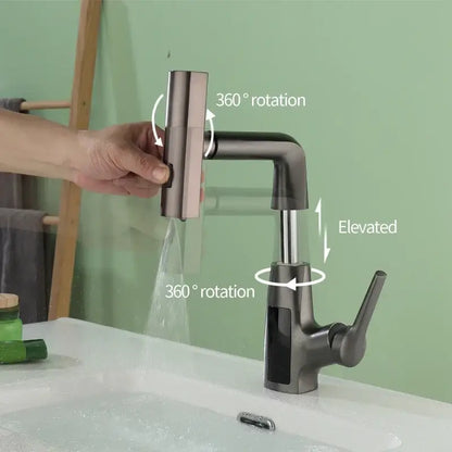 Modern matte black basin faucet with sleek angular design and 360-degree rotating spray head decorbites digital display waterfall tap