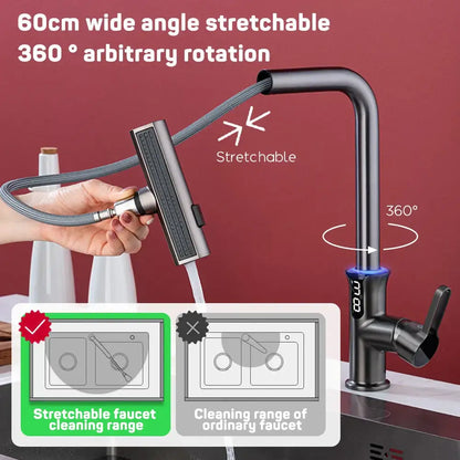Modern matte black digital display waterfall kitchen sink faucet with flexible spray head and 360-degree rotation decorbites digital display