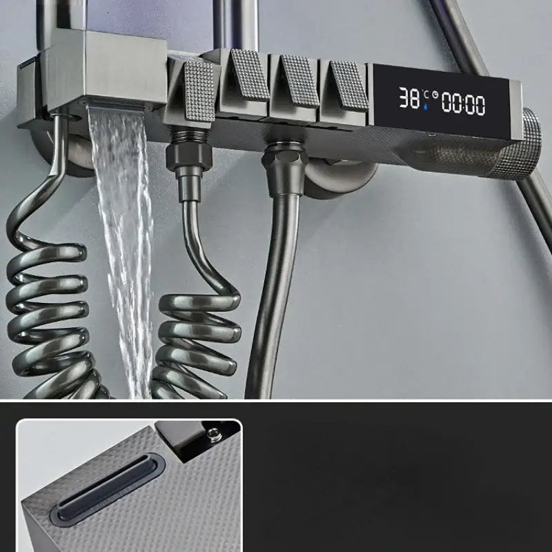 Modern brushed stainless steel shower faucet set with digital display and multiple spray nozzles for bathroom use