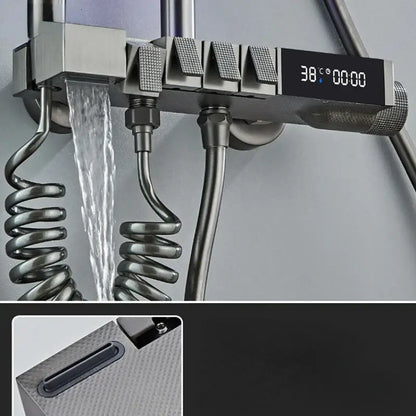 Modern brushed stainless steel shower faucet set with digital display and multiple spray nozzles for bathroom use