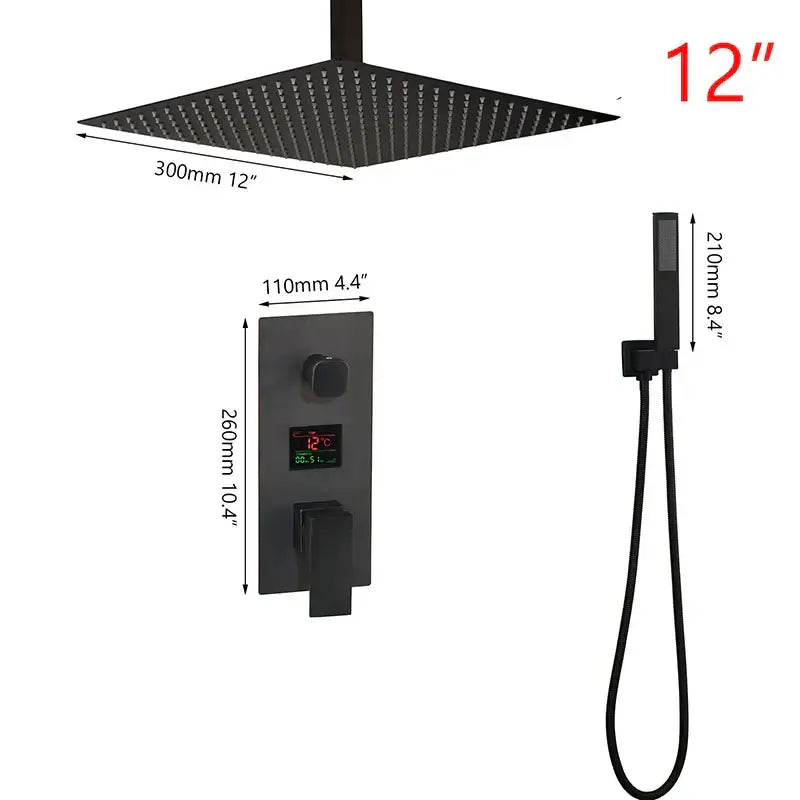 Modern matte black digital shower faucet set with 12 inch black matte rain shower head and temperature control valve