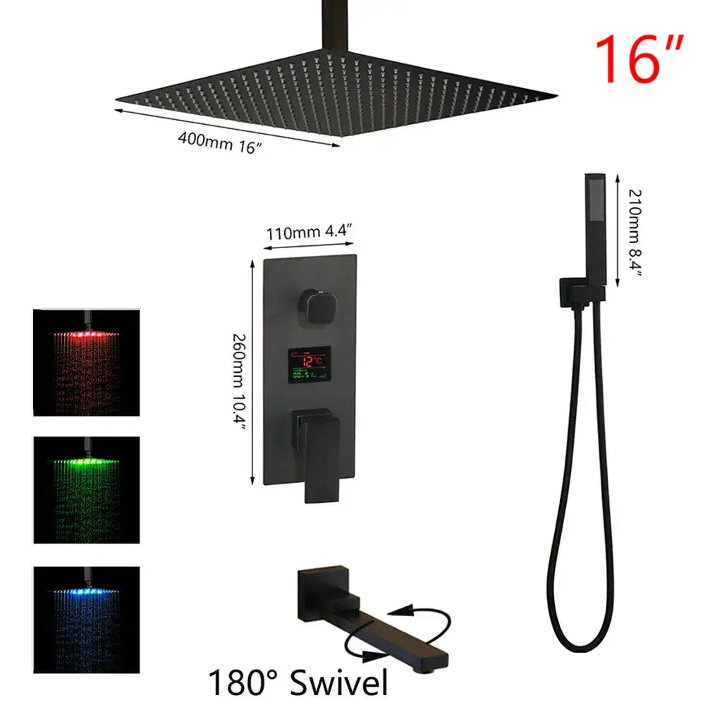 Modern matte black digital shower faucet with 16-inch black digital shower rain head and led color-changing spray patterns