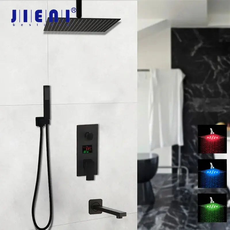 Modern matte black digital shower faucet with jieai rainfall system led lighting and digital temperature display