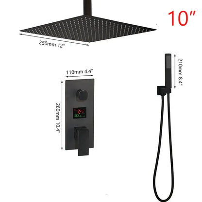 Modern matte black shower faucet with black digital shower rainfall system and handheld attachment by decorbites