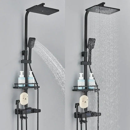 Modern matte black digital shower faucet set with rainfall shower head handheld spray and integrated shelf faucet set