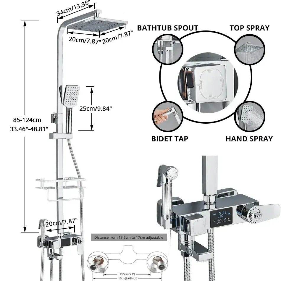Modern matte black digital shower faucet set with chrome finish, square rainhead, handheld spray, and temperature display