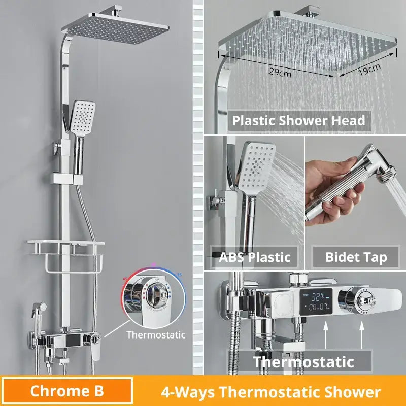 Modern matte black shower faucet set with chrome 4-way thermostatic controls square rainhead handheld spray and bidet tap