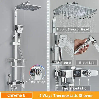 Modern matte black shower faucet set with chrome 4-way thermostatic controls square rainhead handheld spray and bidet tap