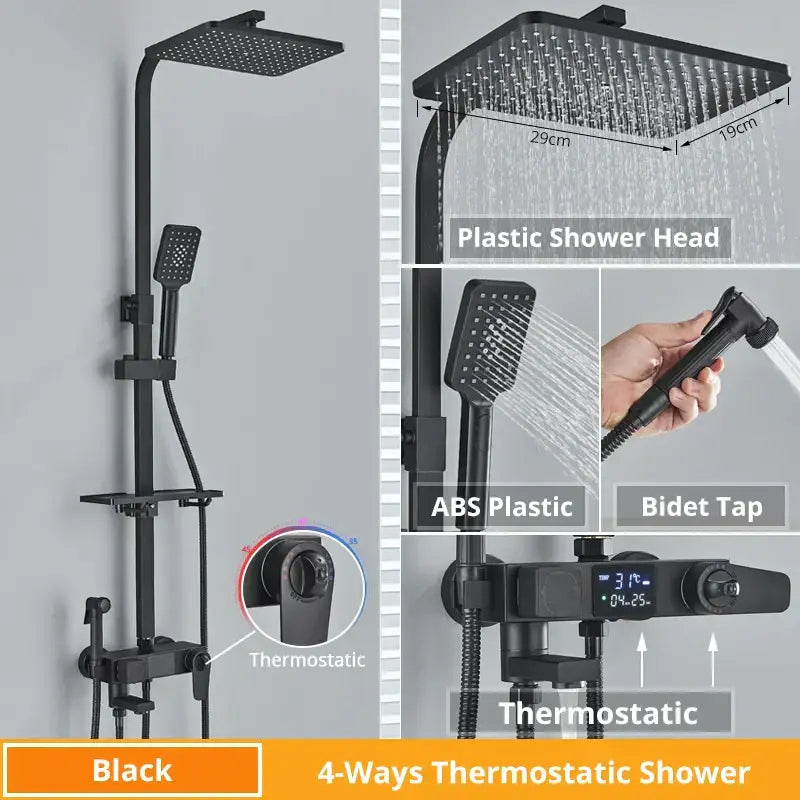Modern matte black digital shower faucet set with black matte finish 4-way thermostatic shower faucet set including rainhead handheld spray and bidet tap