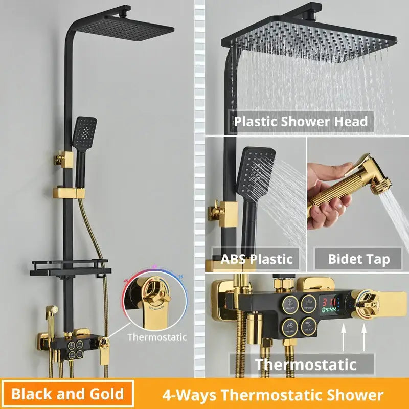 Modern matte black digital shower faucet set with black and gold 4-ways thermostatic control and square rain shower head