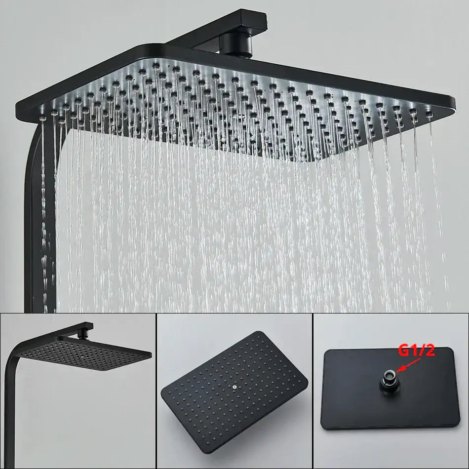 Modern matte black shower faucet set with black matte-finished square rain shower head and multiple water jets