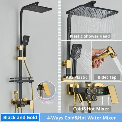 Modern matte black digital shower faucet set with gold square rainhead handheld spray and bidet tap for bathroom use
