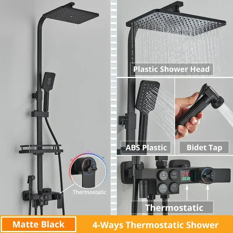 Modern matte black 4-ways thermostatic shower faucet set with square rain head, handheld spray, and bidet tap