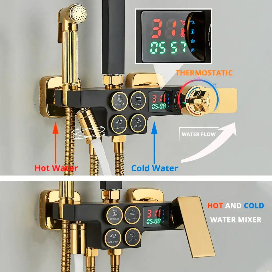 Modern matte black digital shower faucet set with gold-finished thermostatic mixer and temperature display panel