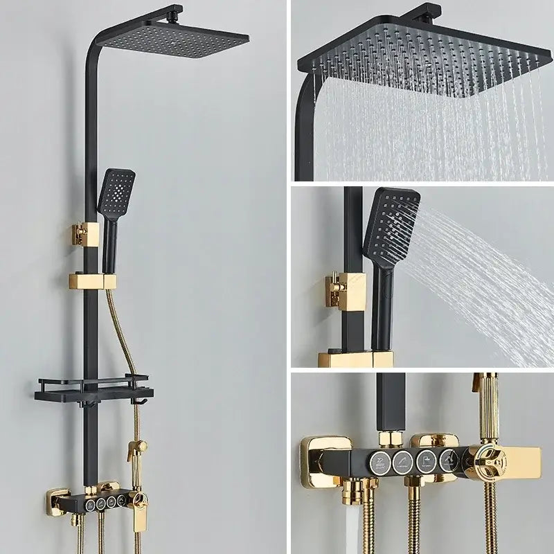 Modern matte black and gold shower faucet set with square rainhead handheld shower and digital control panel