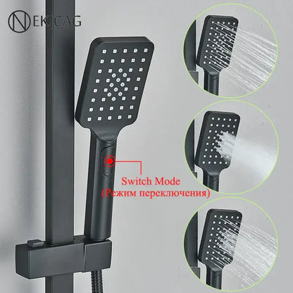 Modern matte black shower faucet set featuring a black matte-finish square showerhead with multiple spray settings
