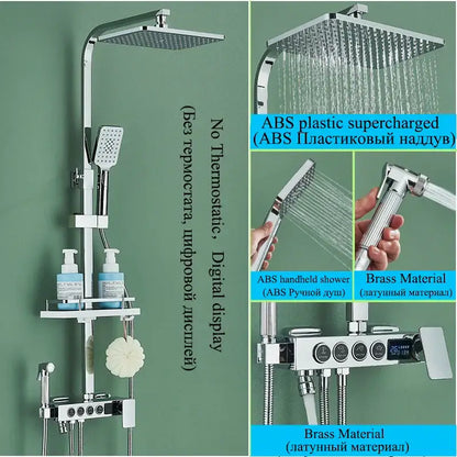 Modern chrome-finished shower faucet set with square rainhead handheld spray and digital display panel for bathroom use