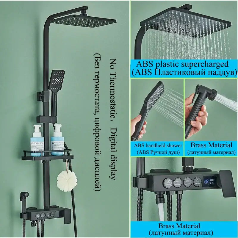 Modern matte black shower faucet set with abs plastic, brass, digital display, square rainhead, and handheld shower
