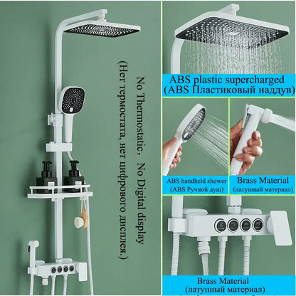 Modern matte black digital shower faucet set featuring white abs plastic and brass rainhead handheld control panel