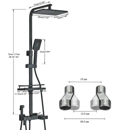 Modern matte black digital shower faucet set with square rainhead handheld spray and chrome threaded connectors