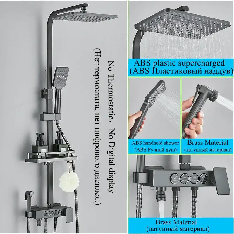 Modern matte black digital shower faucet set with a square rainhead handheld shower and detachable spray nozzle