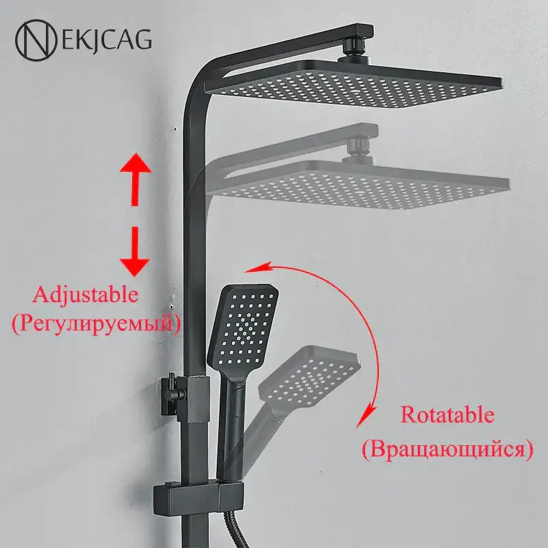 Modern matte black digital shower faucet set with adjustable square rainhead and handheld unit in matte finish