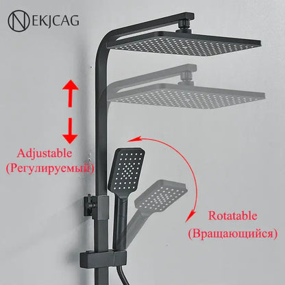 Modern matte black digital shower faucet set with adjustable square rainhead and handheld unit in matte finish