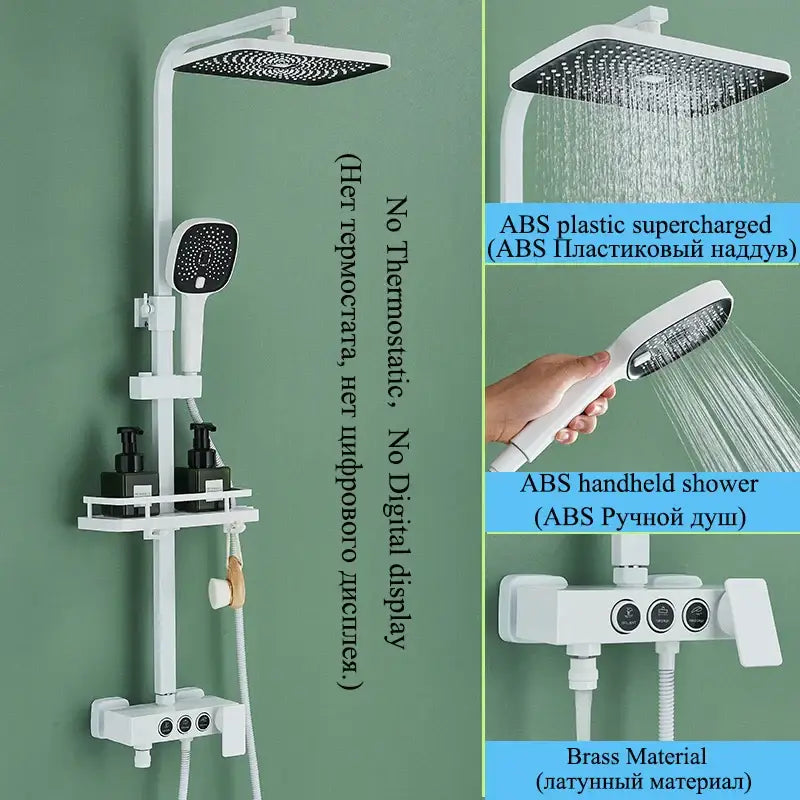 Modern matte black shower faucet set with white ABS plastic system, square rainhead, handheld shower, and brass valve control