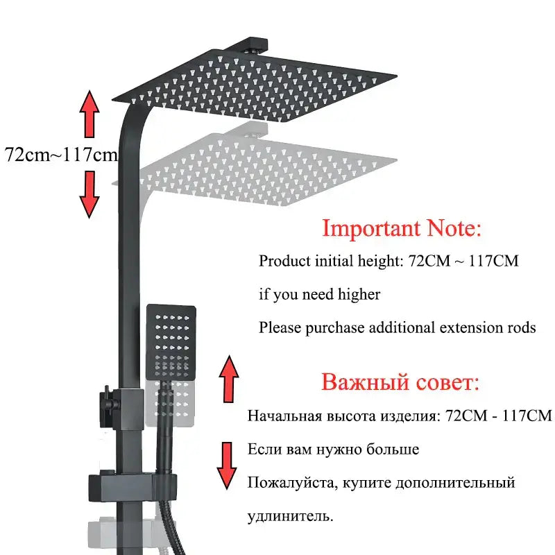Modern matte black digital shower faucet set featuring a black matte-finish square showerhead with adjustable height stand