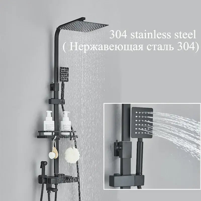 Modern matte black digital shower faucet set with black matte 304 stainless steel rain shower head and built-in shelf