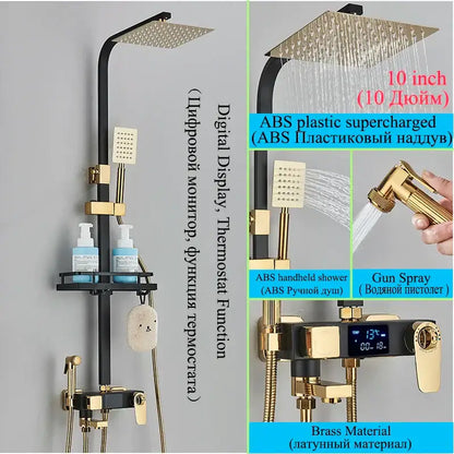 Modern matte black digital shower faucet set with black and gold brass square rainhead handheld spray and thermostatic control