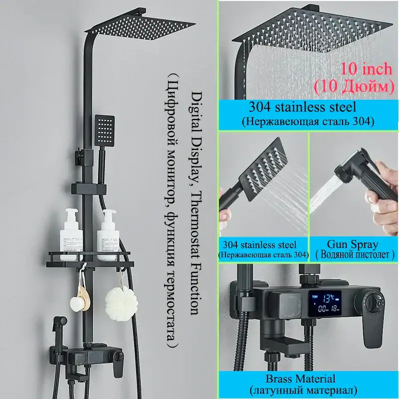 Modern matte black digital 304 stainless steel shower faucet set with gun spray and bidet for bathroom use