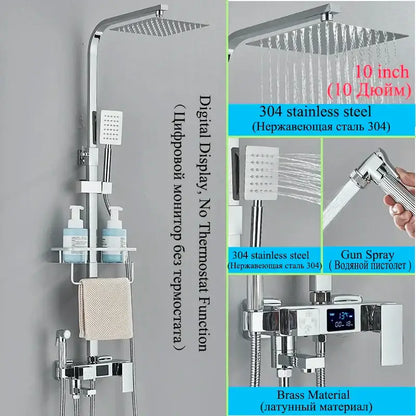 Chrome-finished 304 stainless steel rain shower head with digital display and gun spray in modern shower faucet set