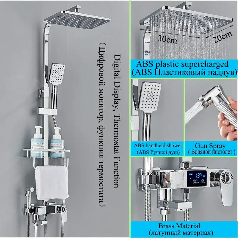 Modern matte black digital shower faucet set with chrome brass rainhead handheld spray and temperature control display
