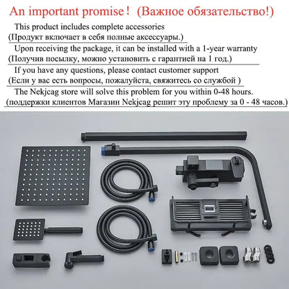 Modern matte black shower faucet set with digital controls, square rainhead, handheld nozzle, and flexible hoses for bathroom use