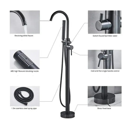 Modern matte black dual handle freestanding bathtub faucet set with curved spout and handheld showerhead for bathroom use