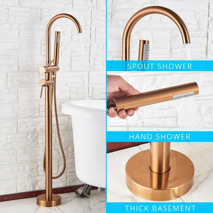 Brass-finished tall dual handle bathtub faucet set with detachable handheld showerhead and matching base mount