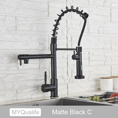 Modern matte black dual spout kitchen sink faucet with coiled spring hose and dual handles decorbites dual spout design