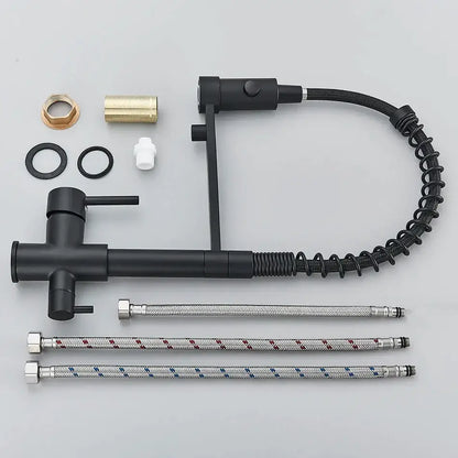 Modern matte black dual spout kitchen water filter faucet with black matte finish, flexible coiled hose, and braided supply tubes for decorbites dual spout kitchen use