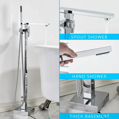 Modern chrome-finished bathtub faucet with sleek rectangular spout and detachable hand shower for decorbites black floor mounted set