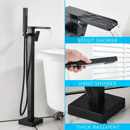 Modern matte black floor mounted bathtub faucet with integrated handheld showerhead and spout by decorbites black floor