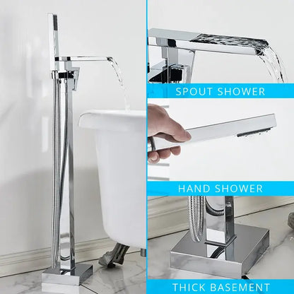 Modern chrome-finished bathtub faucet set with tall spout shower and detachable hand shower for decorbites black floor mounted use