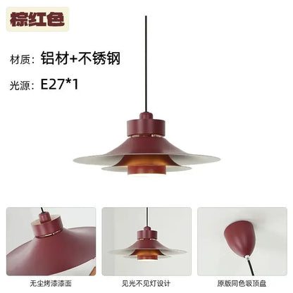 This is a modern flying saucer pendant light in matte burnt red aluminum and stainless steel for dining room decorbites modern flying