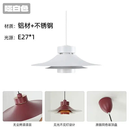 White pendant lamp with a layered, flared shade made of aluminum and stainless steel.